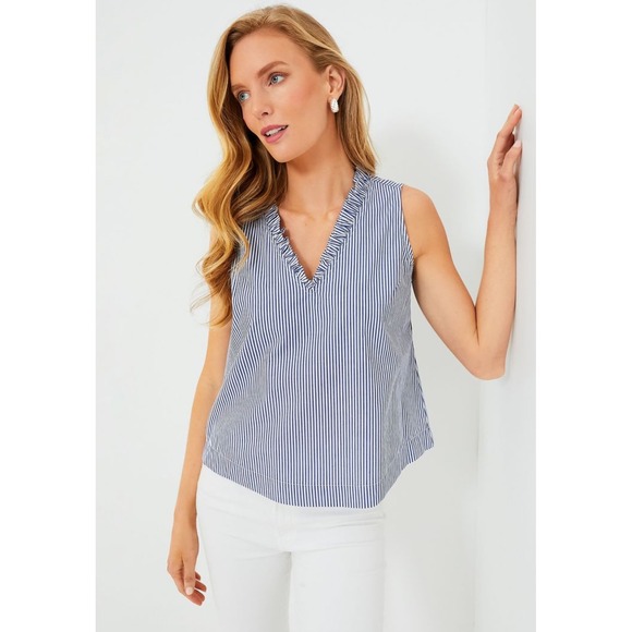 Pomander Place Striped Veronica Ruffle V Neck Sleeveless Tank Top Women's Medium - Picture 1 of 5